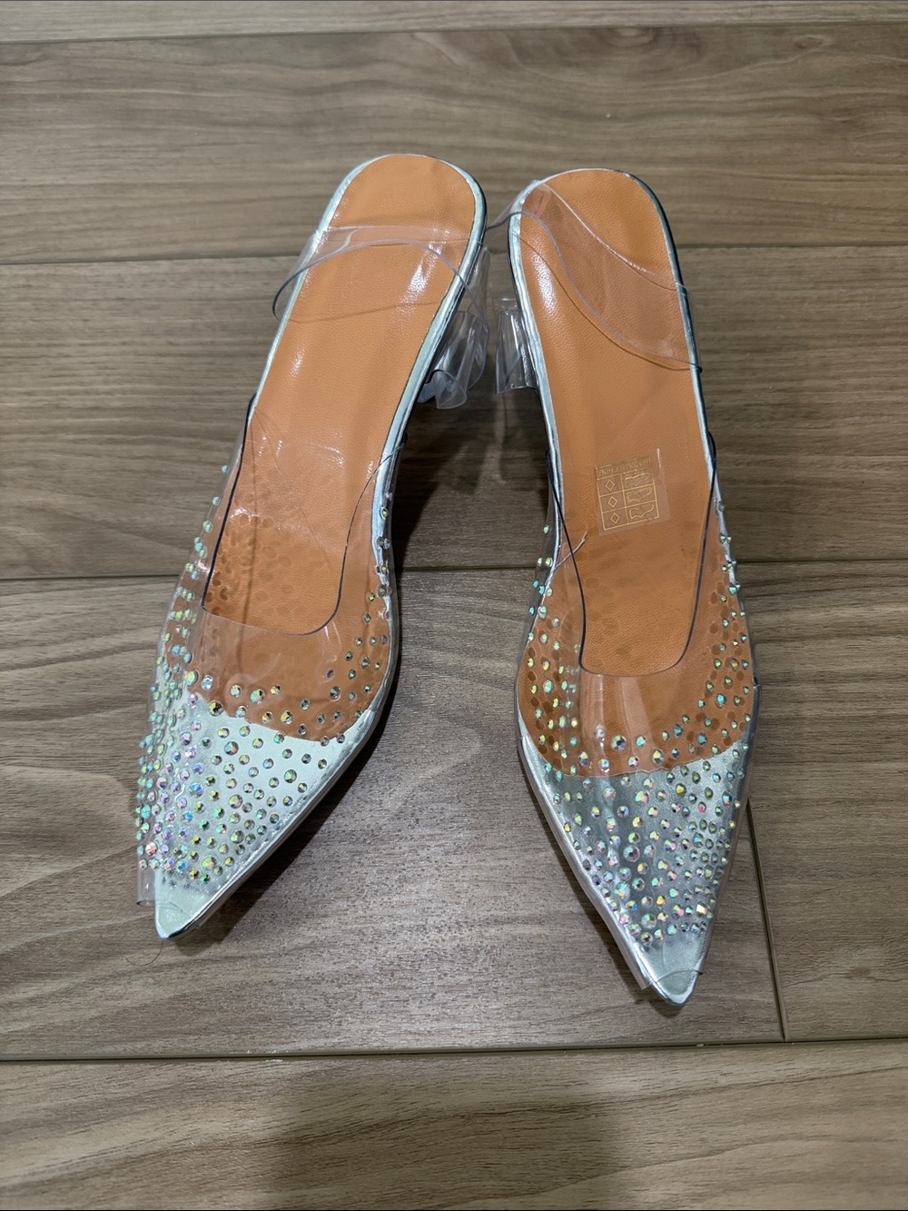 Clear Pointed Toe Slingback Heels with Iridescent Rhinestones - Picture 1 of 6
